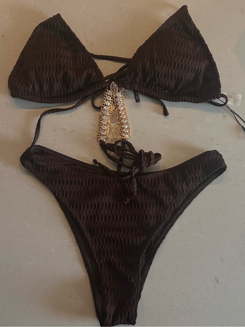 Brown Textured Triangle Bikini Set with Gold Accent